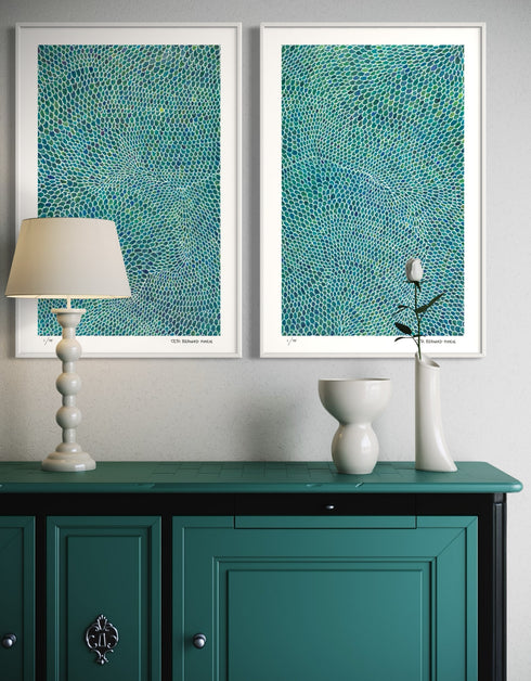 White Scales is a Limited Edition Print by Seth B. Minkin, with detailed white lines and scales, reflecting sophisticated and whimsical design.
